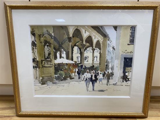 John Yardley (1933-), watercolour, Figures beside an Italian market place, signed, 36 x 50cm